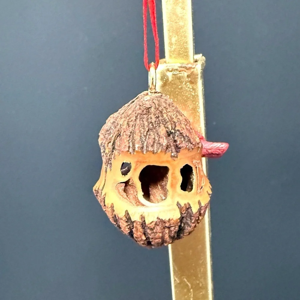 Handmade Hand-Painted & Carved Black Walnut Christmas Ornament with Red Bird